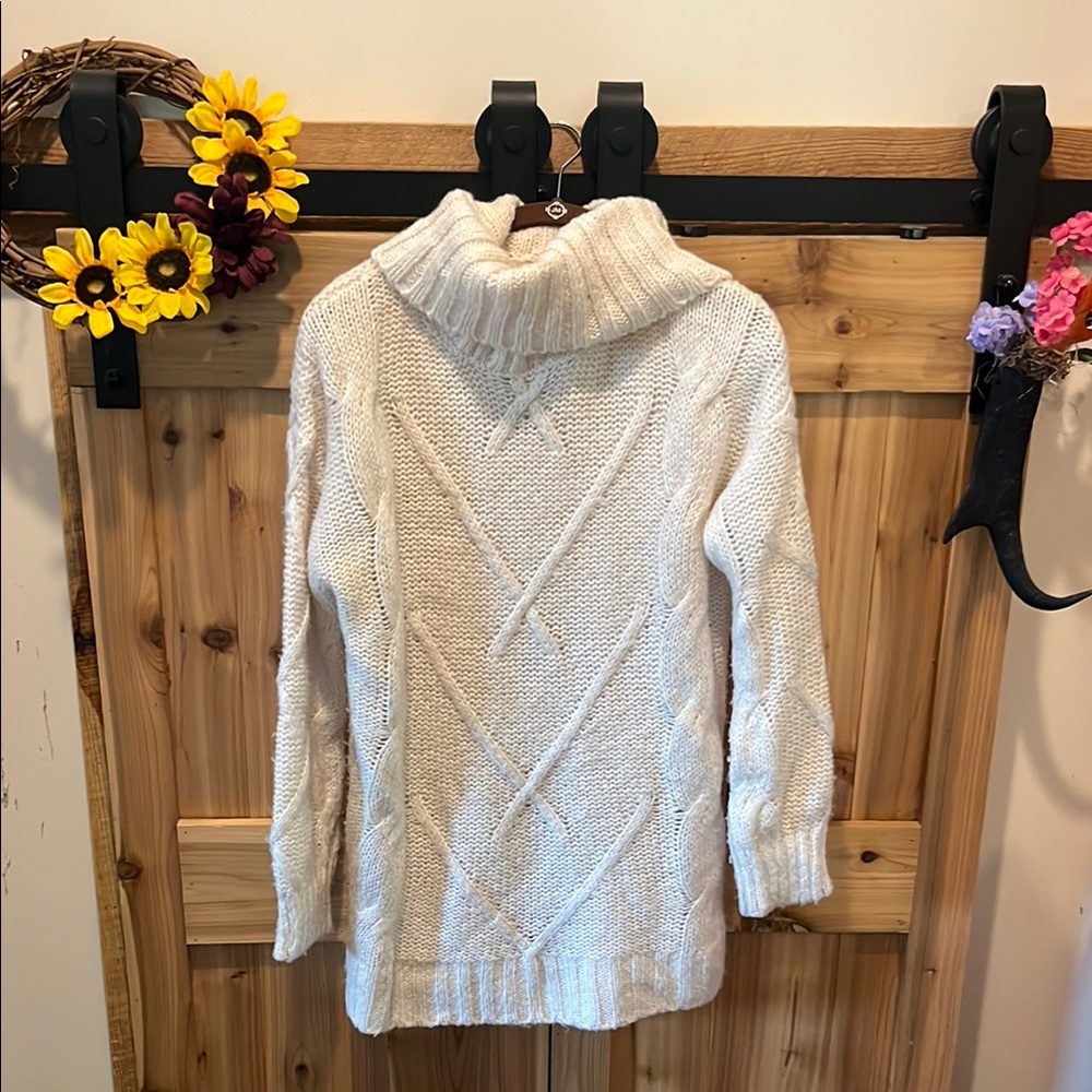 Pink Rose Cream Cable Knit Turtleneck Sweater - Oversize